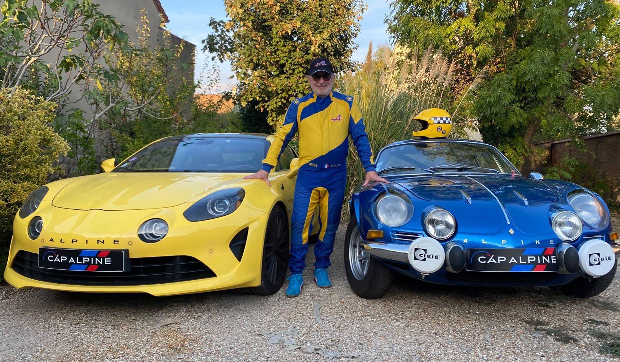 Denis, membre du club avec son A110S jaune et sa 1600 Bleue Alpine